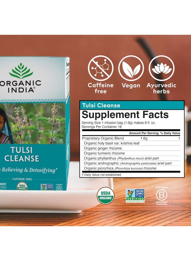 Organic India شاي الأعشاب العضوي من الهند تولسي كلينز - مهدئ ومزيل للسموم، دعم المناعة، أداپتوجين، نباتي، خالي من الغلوتين، معتمد من وزارة الزراعة الأمريكية، غير معدّل وراثيًا، خالي من الكافيين - 18 كيس شاي، 1 عبوة - Image 2